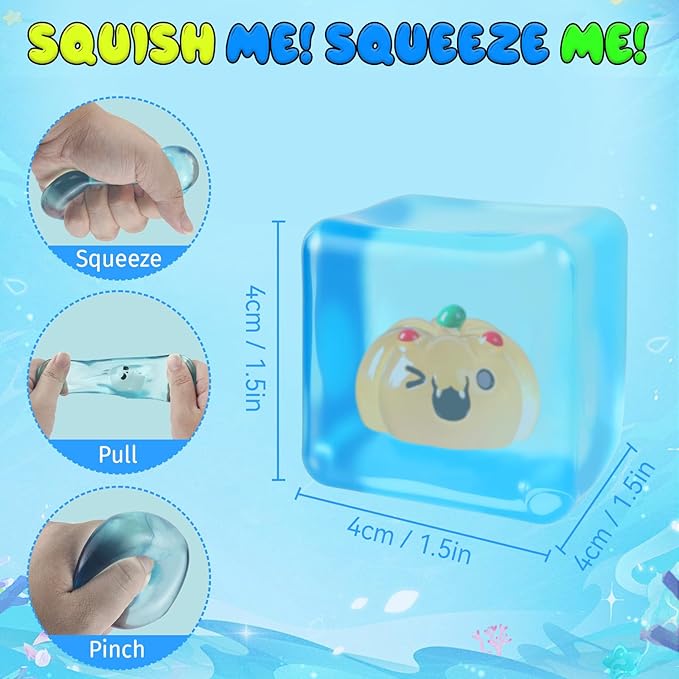 6Pcs Halloween Glow-in-The-Dark Stress Cube Fidget Toys with Resin Duck, Ghost, Pumpkin and Skeleton, Slow Rebound Sensory Toys Stress Balls for Audlts, Halloween Party Favors