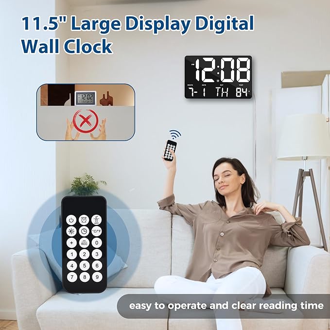 SZELAM Digital Clock Large Display,11.5"Digital Wall Alarm Clock with Remote Control,LED Oversized Electric Clock with Calendar,12/24H,Adjustable Brightness Large Clock for Home Office Kitchen Bedroom