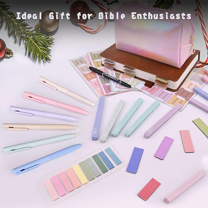 Bible Journaling Kit, Include 12 Bible Highlighters and 6 Pens No Bleed, 90 Laminated Bible Tabs, Magnetic Bookmarks, Sticky Notes, Study Supplies Essentials Set for Women & Men