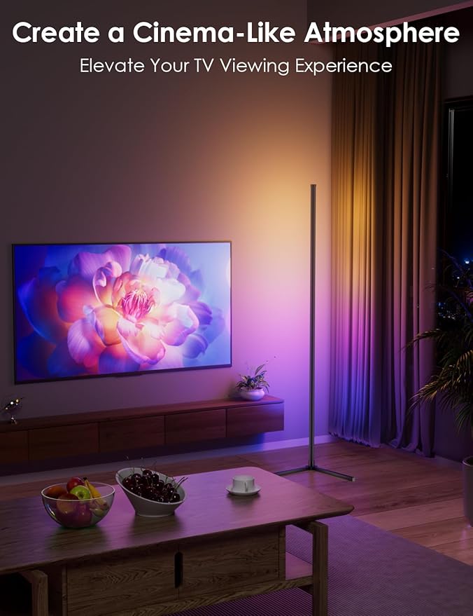 RGB Corner Floor Lamp, 64.5" RGB Color Changing Led Floor Lamp for Living Room APP and Remote Modern Light Bar with Music Sync and 16 Million Colors Dimmable Ambient Lighting for Bedroom