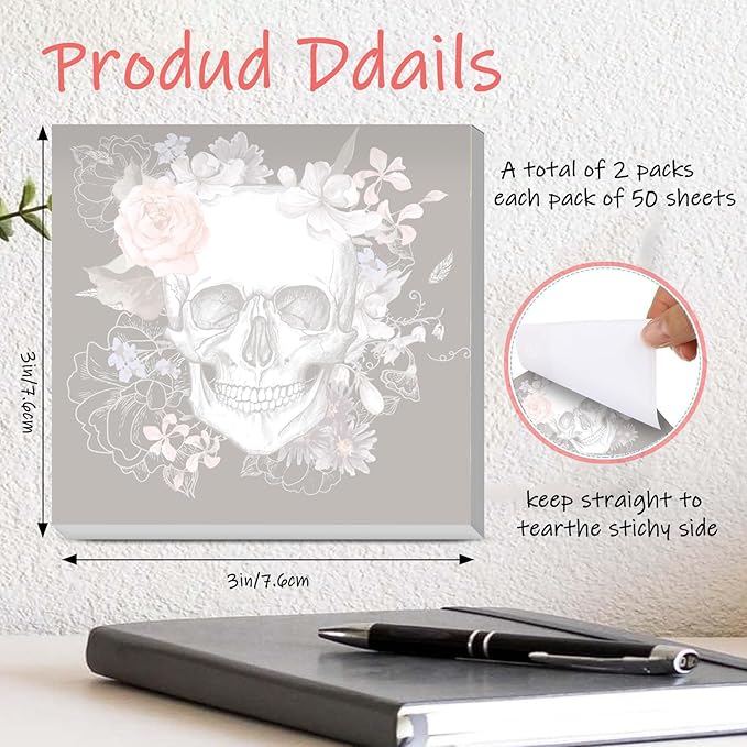 Sticky Notes 3x3 Inches, 2 Pads Cute Colorful Self-Stick Note Pads, Easy to Post for Home, Office and Daily Life Organization Cute Flower Skull