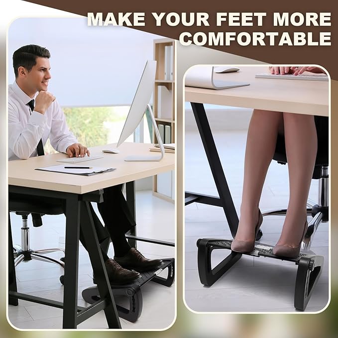 2 Pcs Foot Rest for Under Desk at Work, Ergonomic 6 Heights Adjustable Footrest with Massage Roller, Chair Footrest for Leg Rests for Office and Home Pressure Relief(Black)