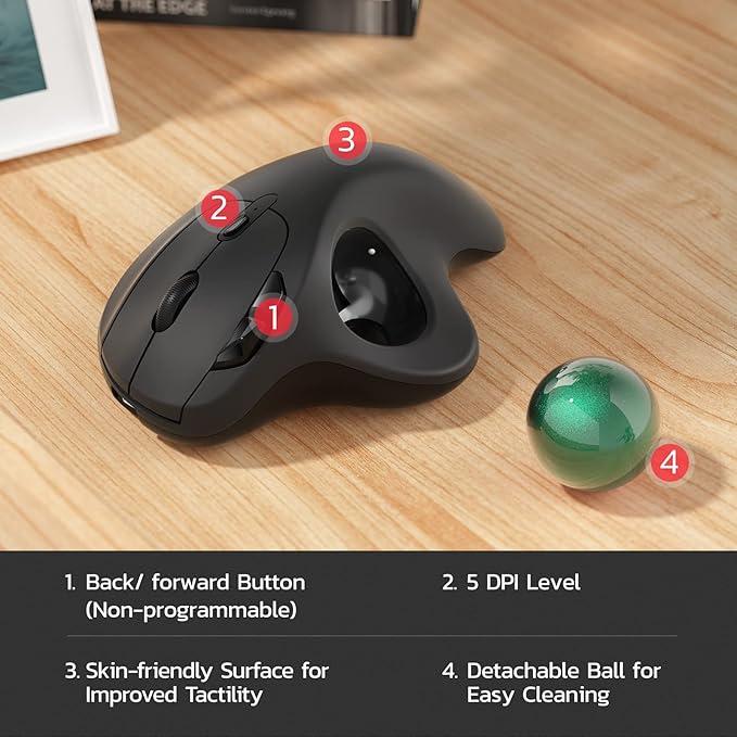 Nulea M501 Wireless Trackball Mouse, Rechargeable Ergonomic, Easy Thumb Control, Precise & Smooth Tracking, 3 Device Connection (Bluetooth or USB Receiver), Compatible for PC, Laptop, Mac, Windows.
