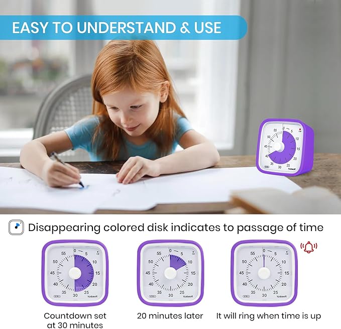 Yunbaoit Upgraded Visual Timer with Protective Case, 60 Minute Silent Countdown Timer for Kids and Adults Clock Time Management Tool(Purple)