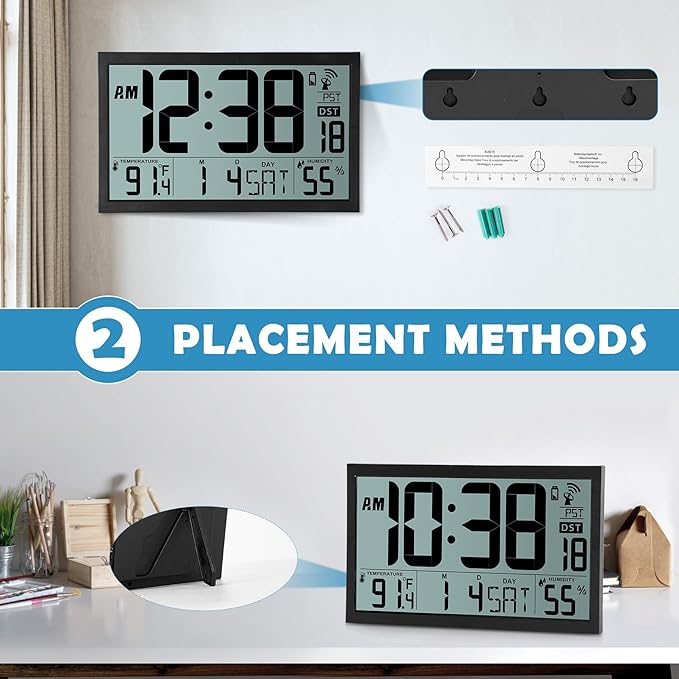 SZELAM Atomic Clock,16.7" Large Display Digital Wall Clock Battery Operated,Digital Calendar Auto Setting Desk Clocks with Indoor Temperature, Humidity,Date,Day,Auto DST for Elderly Bedroom Classroom