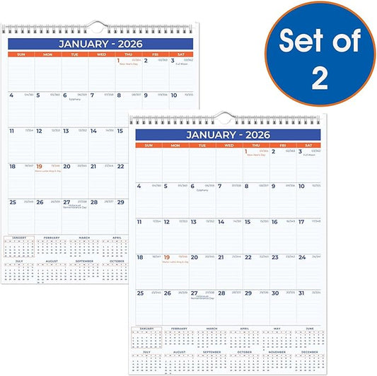 2026 Wall Calendar - January 2026 - December 2026, 12 Monthly Hanging Calendar, 2026 Planner, Size 11" x 17", Spiral Binding, Holidays, Julian Dates, Large Blocks, Twin-Wire Binding, Hanging Hook (2 Pack)