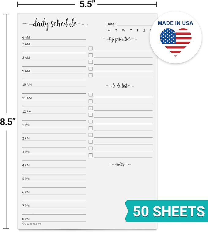 321Done Daily Schedule Planning Notepad - 50 Sheets (5.5x8.5) – Hourly Appointment Daily Planner To Do Checklist Tear-Off Note Pad - Made in USA - Simple Script Half-Letter Small Size