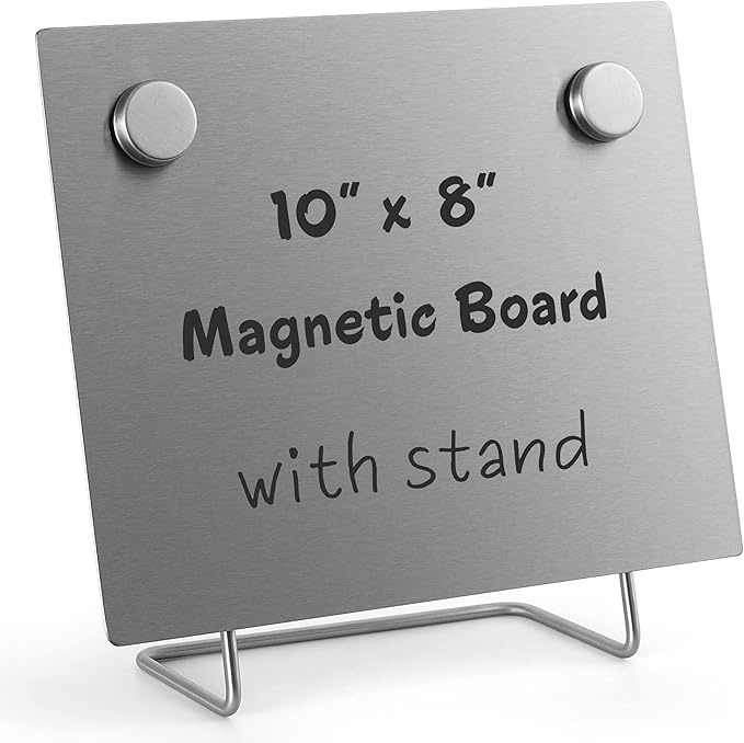 Magnetic Bulletin Board with Stand – Small Dry Erase Memo Board – Tabletop Metal Easel for Magnet Display – 10x8 Inches + 2 Magnets