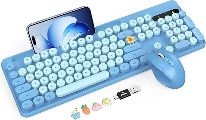 Wireless Keyboard and Mouse Combo, Retro Round Keycaps, Full-Size Cute Typewriter Keyboard with Large Phone/Tablet Holder, Auto-Sleep, 2.4GHz Cordless Connection for Windows/PC/Laptop (Sky Blue)