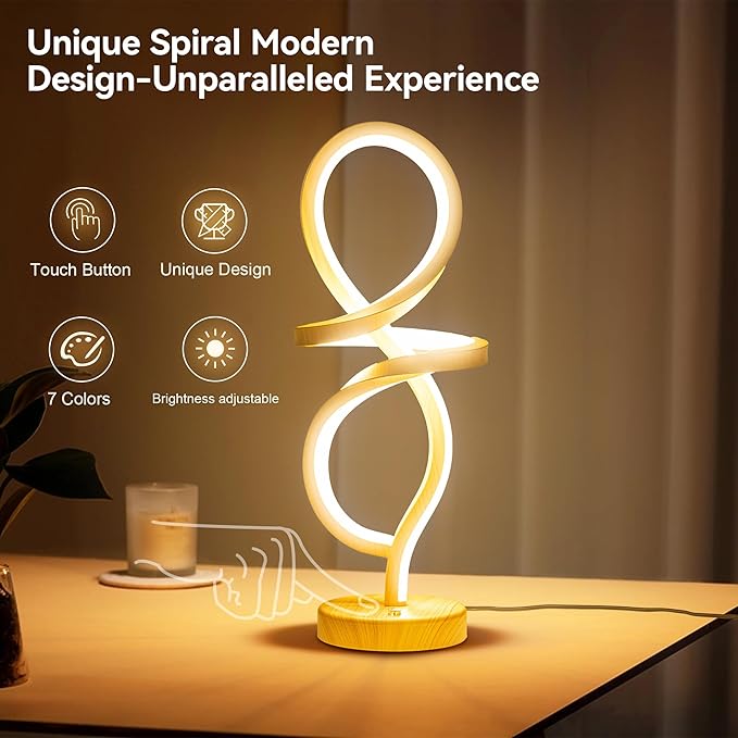 Mayful Modern LED Spiral Table Lamp, RGB Wood Grain Bedside Light with 7 Colors 10 Modes, Touch Dimmable Nightstand for Bedroom Living Room Home Office, 15W