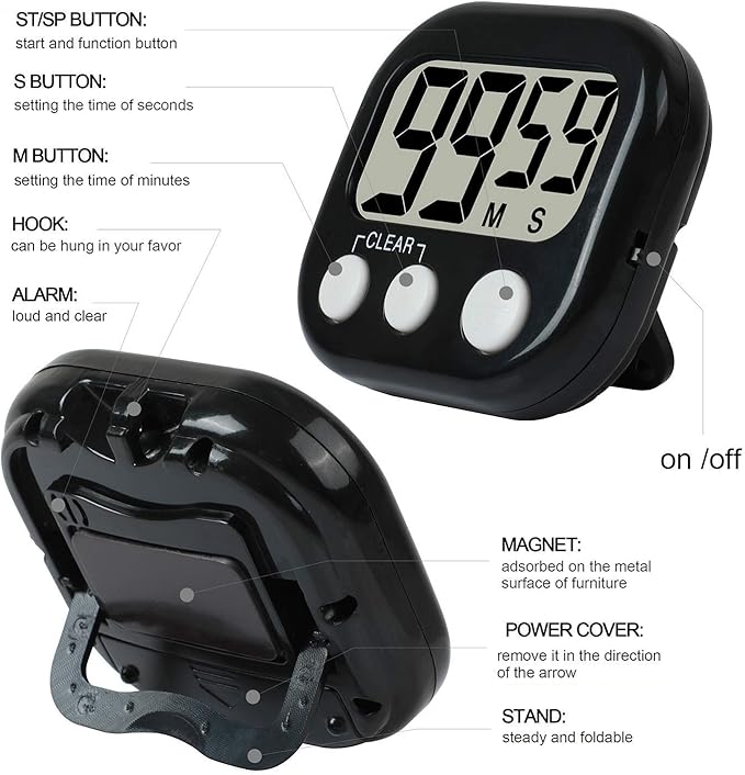 12 Pack Digital Kitchen Timer Large LCD Display Loud Alarm Strong Magnetic Stand, Minute Seconds Count Up Countdown and Simple Operation Timers for Cooking, Bathroom, Kids, Teacher, Classroom - Black