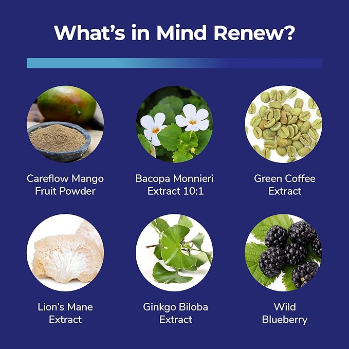 Mind Renew - Brain Supplement Supports Memory, Focus, and Cognition - with Lion's Mane and Ginkgo Biloba Extract - Made in The USA, 180 Capsules