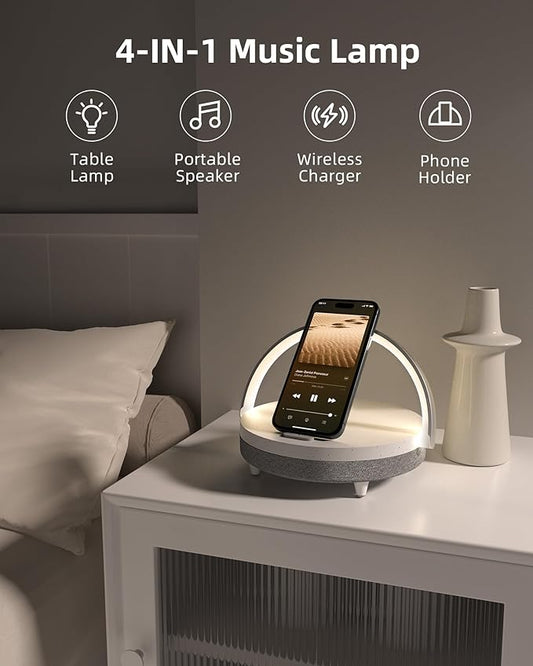 EZVALO Gift for Her, Music Table Lamp with Wireless Charger, 4 in 1 Touch Bedside Lamp, Portable Bluetooth Speaker, Phone Holder, Dimmable LED Night Lights Birthday Gifts for Women, Men, Dad, Mom