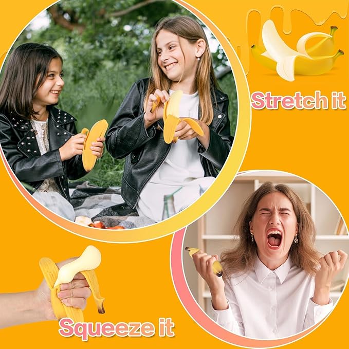 Anboor Banana Squishies Toy,Stretchy Banana Stress Ball Toy,Sensory Simulation Banana Relief Stress Squeeze Toy for Kids and Adult as Birthday Party