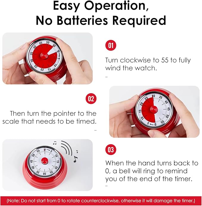 Visual Timer, Teeloray 60-Minute Countdown Timer, Kitchen Timer with Magnetic Base, Mechanical Clockwork, Ringer Alert, Time Management Tool for Children and Adults, Study/Work/Cooking (Red)
