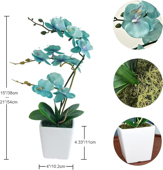 15 Inches Tall Artificial Silk Phalaenopsis Orchid Flower Plant Pot Teal Arrangements (Golden Blue)