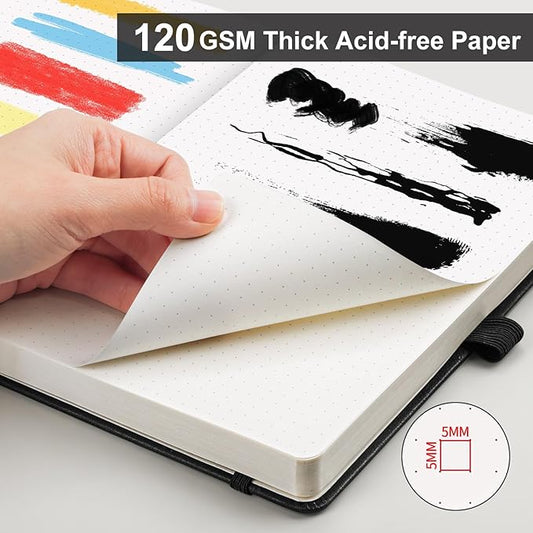 AHGXG Bullet Dotted Journal - Dot Grid Notebook Journal, 120 GSM Thick Acid-Free Paper, A5 Dotted Notebook 160 Pages, Leather Hardcover, Inner Pocket, Journal Stencil, 5.7'' × 8.3'' - Black