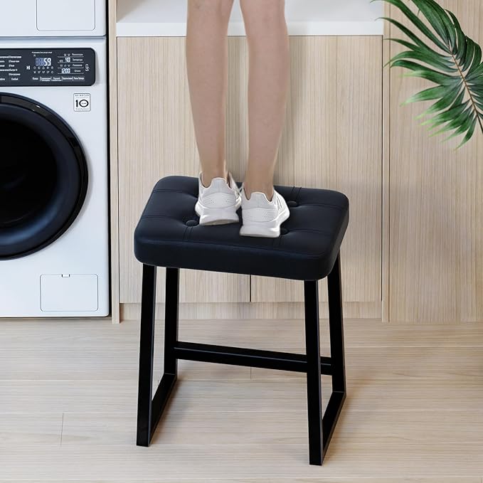 Vanity Stool Chair, Makeup Stool for Vanity,Small Ottoman Footrest for Bathroom, Bedroom, Living Room, Entryway, Offices,Leather &Metal Legs with Anti-Slip Feet, Black