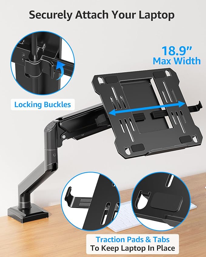 MOUNTUP Laptop Stand for Desk, 2-in-1 Monitor Mount with Laptop Tray Holds 4.4-22lbs, Adjustable Laptops Arm Mount for Max 17" Notebook & 32" Monitor, Laptops Desk Arm with Clamp/Grommet