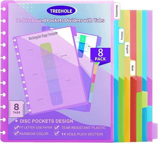 11 -Discbound Pocket Divider with 8 Tabs,2 Set Letter Size Tul Notbook Divider Folder Dis Planner Inserts for for Document Discbound System, Office Home School(16PCS