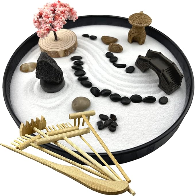 Zen Garden for Desk Japanese Zen Garden Kit 8 Inch Large Round with 6 Sand Rake and Accessories Tray Mini Desktop Zen Decor for Home Office Gift Therapy Relaxation Meditation