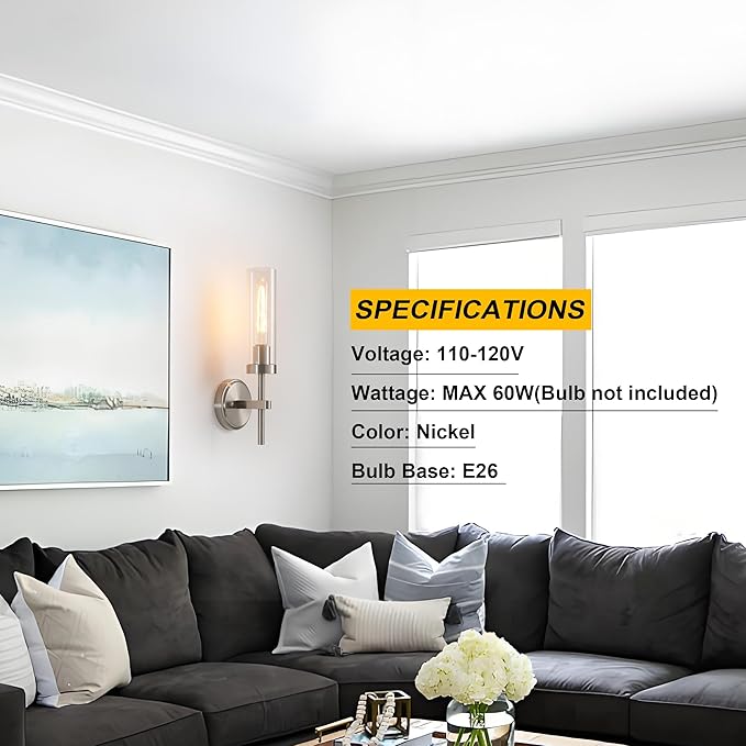 Wall Sconces Set of Two,Brushed Nickel Bathroom Sconces Wall Lighting with Clear Glass, Modern Sconces Wall Decor Set of 2 Wall Light fixtures for Bathroom Mirror Living Room Hallway Bedroom Wall Lamp