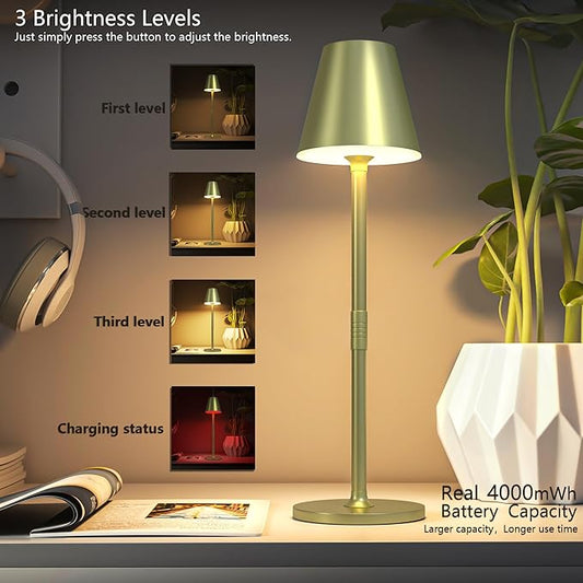 2Pack LED CordlessTable Lamp,4000mAh Rechargeable Battery Desk lamp,3 Level Brightness Night Light, Simple Design, for Couple Dinner/Coffee Table/Restaurant/Bedroom(Champagne Gold 2Pack)
