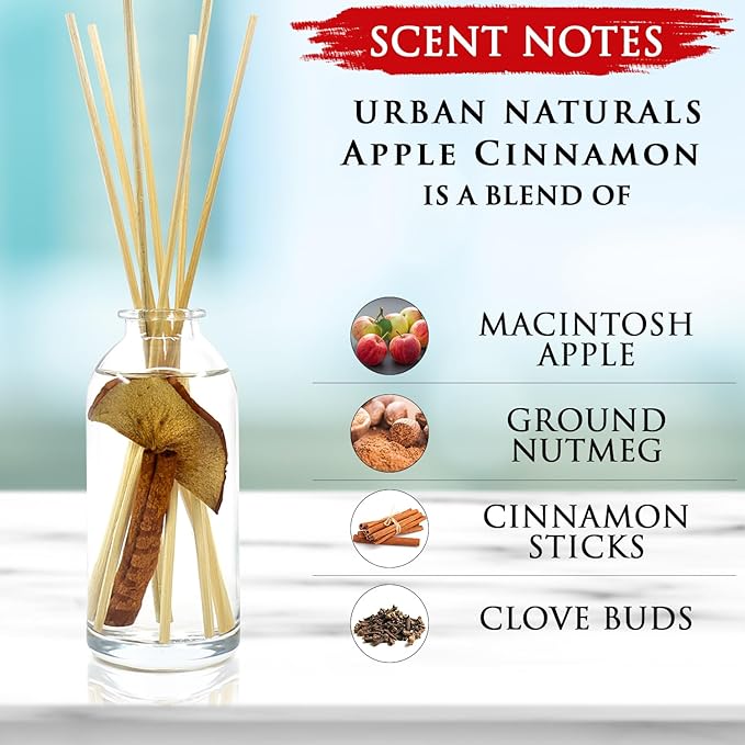 Urban Naturals Apples & Spice Apple Cinnamon Reed Diffuser Oil Set β Red Apple, Cinnamon, Nutmeg Clove & Vanilla Scented Diffusing Reed Sticks β Great Fall & Holiday Scent β Made in The USA