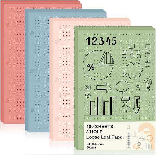 100 Sheets Half Letter 3 Hole Notebook Dot Grid Paper 5-1/2 x 8-1/2 Loose Leaf Paper for Mini Binder Colored Dotted Graph Paper Bulk Dotted Paper Refills for Planner Inserts for School Office