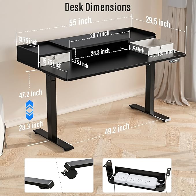Kingant 55" x 30" Standing Desk with Drawers, Large Desktop, Ergonomic Sit Stand Desk for Home Office Work, Cable Management, 3 Preset Heights & 2 Hooks, Classic Black