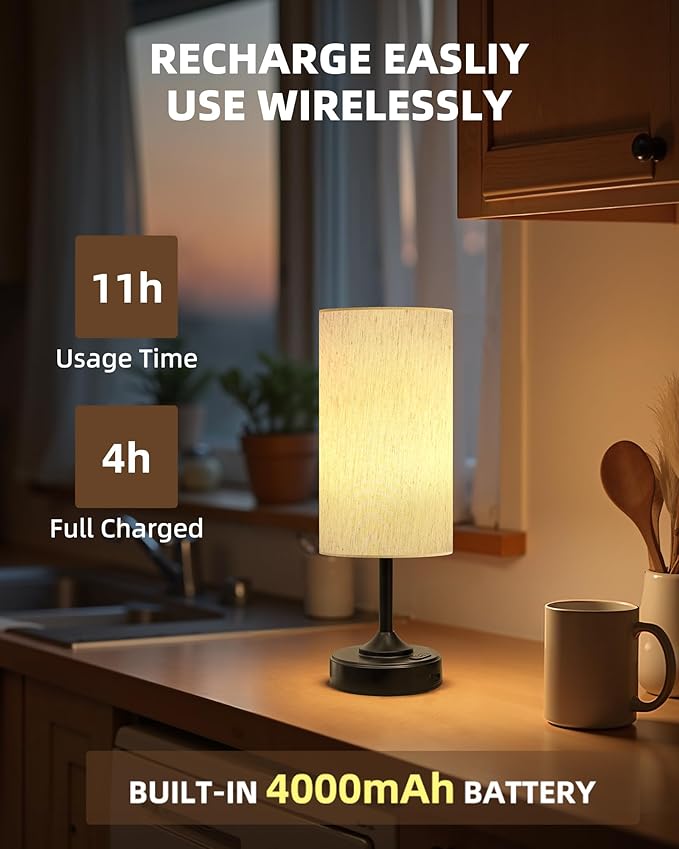 Battery Operated Lamp, Dimmable, 2700K, Timer, Touch Control, Portable, LED, Wireless, Rechargeable, Cordless, Desk Lamp, Kitchen Lamp, Fabric Shade, for Dining Room, Bedroom, Living Room, Dorm