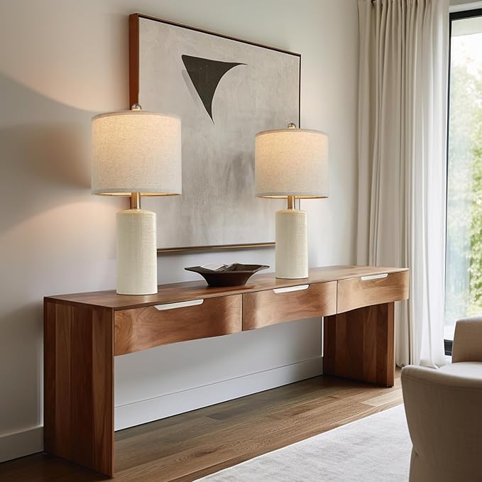 20.25/inch Modern Ceramic Table lamp Set of 2 Small Farmhouse Bedside lamp Creamy-White Nightstand Lamp End Table Lamps for Living Room Bedroom Study Office AMZ-T1109WH0