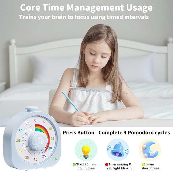Visual Timer for Kids, Rechargeable Timer for Classroom Office Kitchen with 'Rainbow' Pattern Design, 60min/12h Silent Countdown Timers, Pomodoro Timers Management Tool for Toddler ADHD