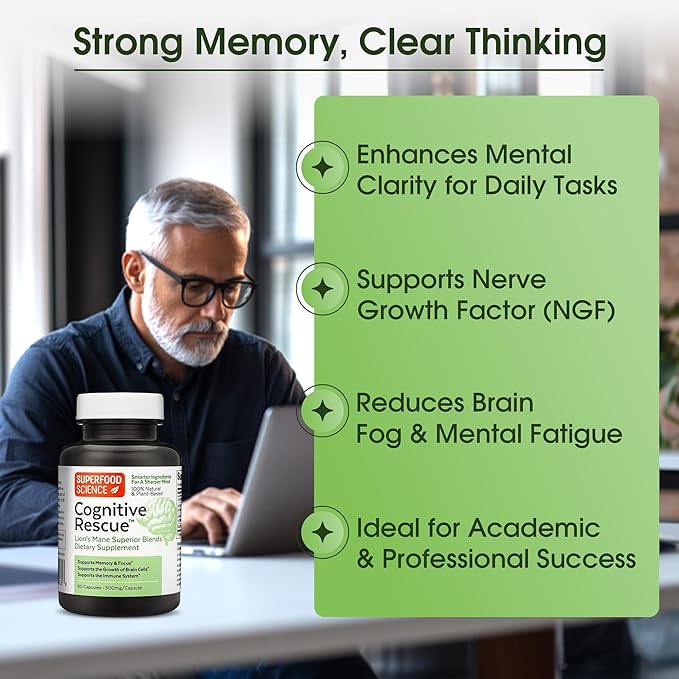Cognitive Rescue, Lion's Mane Mushroom Capsules w/ Lion's Mane Dual Extract, Nootropics, Brain Supplement for Memory and Focus, Mushroom Immune Support w/ B Vitamins Complex, BioPerine, 60 capsules