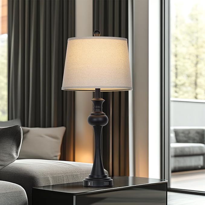 28.75'' Modern Black Metal Table Lamps Living Room Lamp for Nightstand Bedside End Lamp Home Decor Touch Lamp Modern Lamps with USB A+C Ports & Outlets (Bulb Included)
