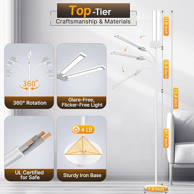 Syrinx LED Floor Lamp, Double Head Gooseneck Floor Lamps for Living Room with Gesture Switch & Remote Control, 14W Bright Tall Standing Lamp Modern Eye-Caring Reading Floor Lamp for Bedroom Office