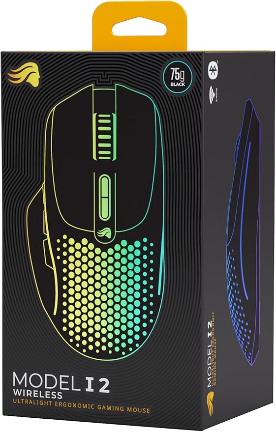 Glorious Gaming Model I 2 Wireless Gaming Mouse - Hybrid 2.4Ghz & Bluetooth, 75g Superlight, 9 Buttons (2 Swappable), RGB, PTFE Feet, MMO/MOBA/FPS, Long Battery Life, Side Thumb Rest - Black