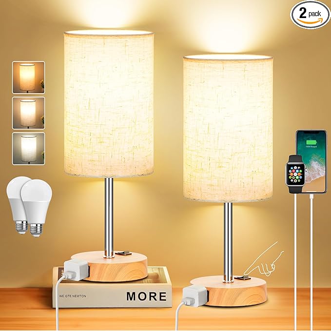 ZJOJO Table Lamp for Bedroom Set of 2, Bedside Small Lamps with 3 Way Dimmable Rocker Switch & AC Outlet, Nightstand Desk Lamp with Flaxen Fabric Shade Woodgrain Base for Living Room Home Decor Lights