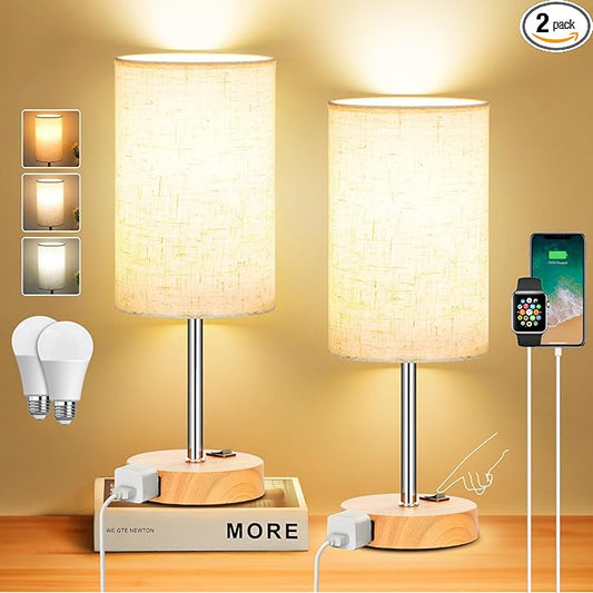 ZJOJO Table Lamp for Bedroom Set of 2, Bedside Small Lamps with 3 Way Dimmable Rocker Switch & AC Outlet, Nightstand Desk Lamp with Flaxen Fabric Shade Woodgrain Base for Living Room Home Decor Lights