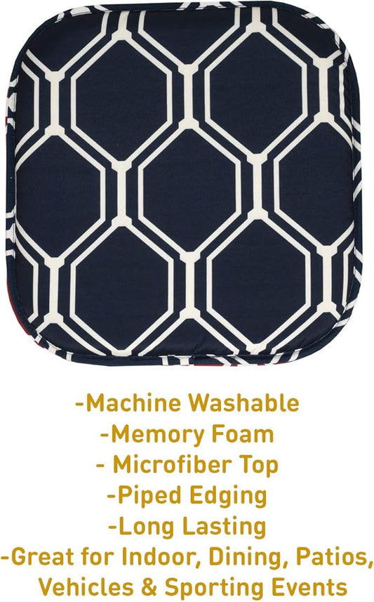 Sweet Home Collection Chair Cushion Memory Foam Pads Honeycomb Pattern Slip Non Skid Rubber Back Rounded Square 16" x 16" Seat Cover, 4 Pack, Mirage Navy/White