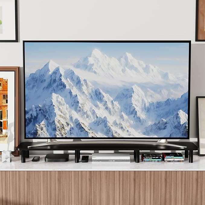 43.7" Extra Long Dual Monitor Stand Riser, Wood & Steel Monitor Stand for 2 Monitors, Wide TV Stand, Desktop Riser for Desk Organization, Home Office,Laptop,Printer,TV (Black)