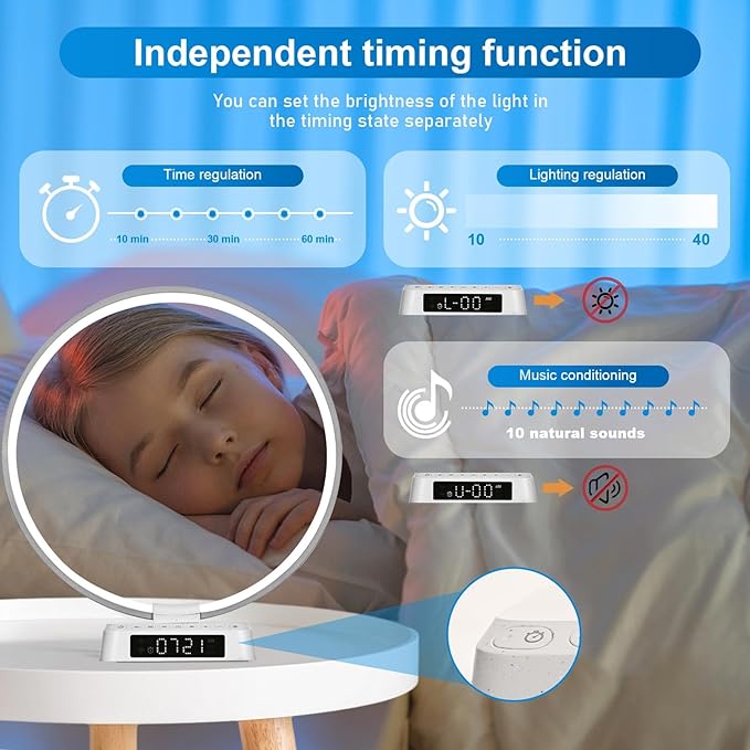 Sunrise Alarm Clock lamp Aureole Table Lamp Wake up Nightstand lamp Bioclock Adjustment Mood Desk lamp with Timer and Natural Ambient White Noise for Bedroom Livingroom Office Reading Working