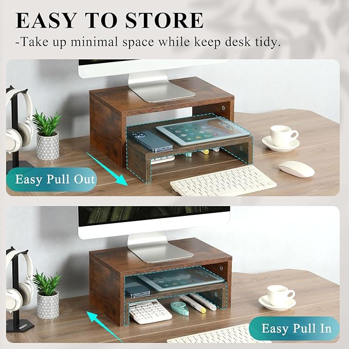 TEAMIX 2 Pack Monitor Stand Riser Rustic Brown,Wood 2 Tier Adjustable Monitor Stand Dual Monitor Riser for 2 Monitors/Laptop/PC Computer Stand Desktop Space Saver…