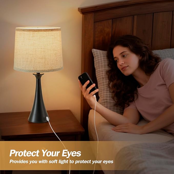 Touch Table Lamp for Living Room Bedroom, 21" Table Lamps Set of 2 with USB C+A Ports, Touch Bedside Lamps for Nightstand with 3 Way Dimmable, 2 LED Bulbs Included, Black