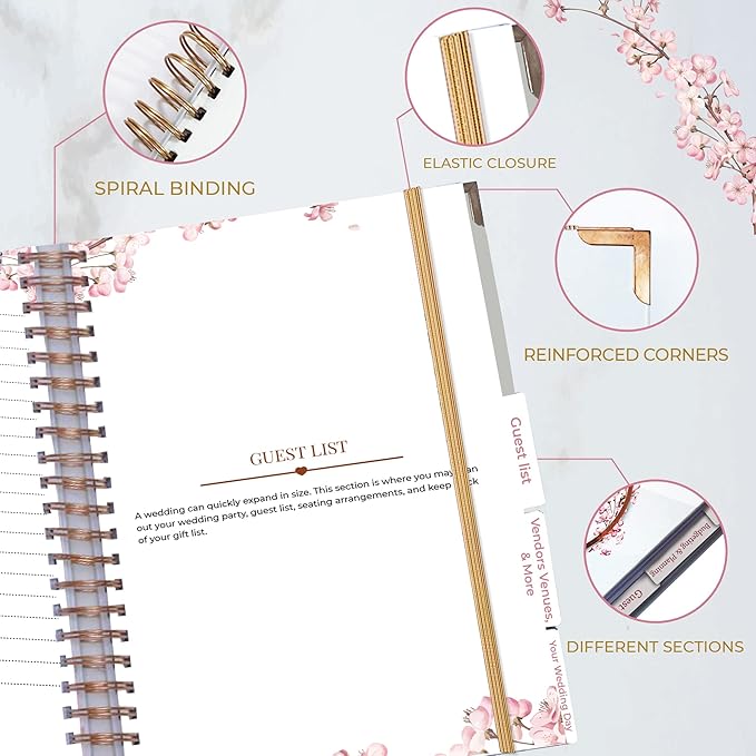 Beautiful Bridal Wedding Planner - 9" x 11" Wedding Planner Book and Organizer with 5 Tabbed Sections, 144 Pages, Countdown Calendar, Metal Corners and Elastic Band - Premium Engagement Gift for Future Brides
