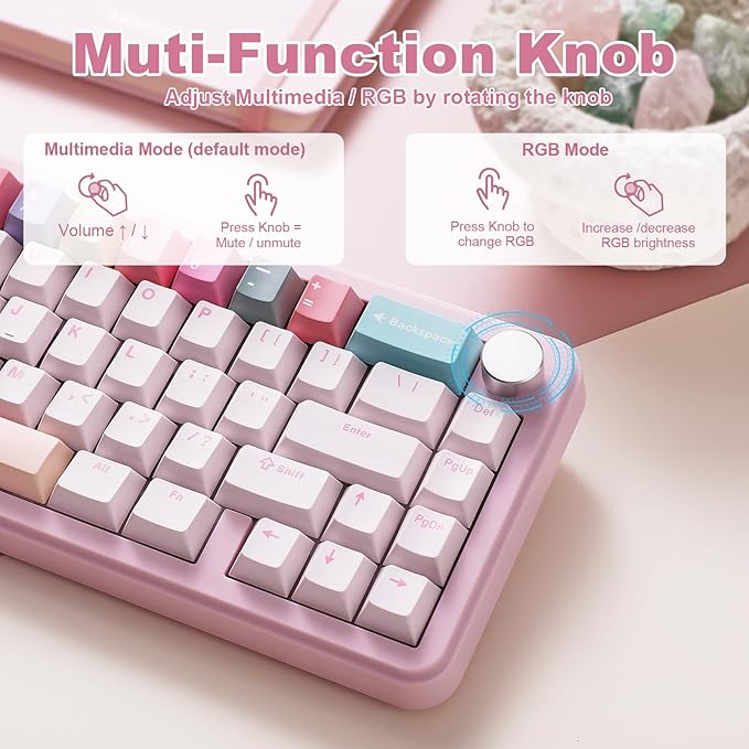 YUNZII B68 Wireless Mechanical Keyboard,Tri-Mode BT5.0/2.4GHz/USB-C,Cute PBT Keycaps,Hot Swappable Creamy Typing Gasket Mounted,RGB Backlit NKRO for Win/Mac (Pink, Milk V2 Switch)