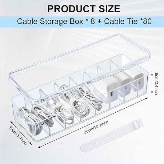 Tatuo 12 Pcs Cable Organizer Box with Wire Ties, Plastic Cord Storage Box with Lid, Electronics Organizer for Home Office Desk Organizers and Accessories (10.79'' X 3.78'' X 1.97'',Clear)