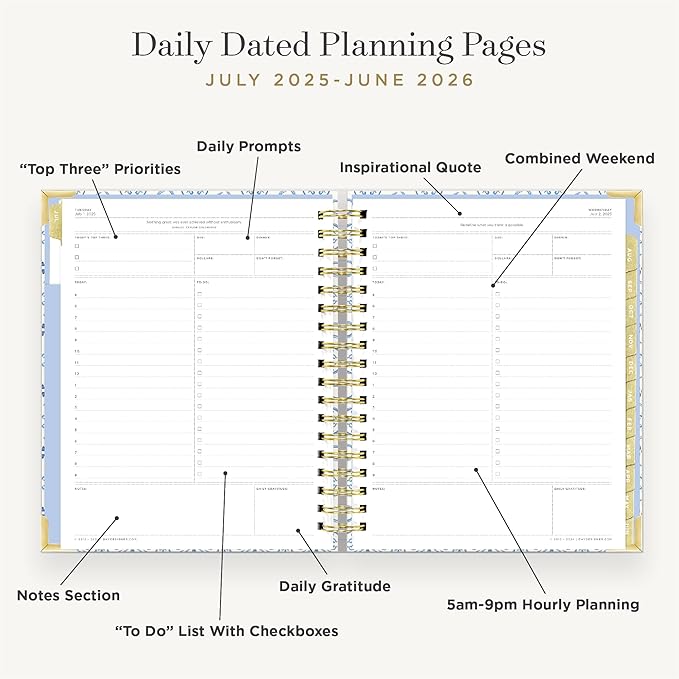 Day Designer 2025-2026 Daily Planner – Premium Planner for Stylish Organization. Combines Monthly Calendar, Hourly Schedule, To-Do List, Gratitude, Goal Setting, Inspirational Quotes, Stickers & More. Elegant laminated Cover with Gold Accents (Casa Bella)