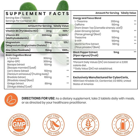 17-in-1 Brain Supplements for Memory and Focus - Nootropic Formula for Concentration, Clarity, Energy & Focus - Natural Caffeine Blend with Vitamins, Amino Acids & Herbal Extracts - 120 Tablets