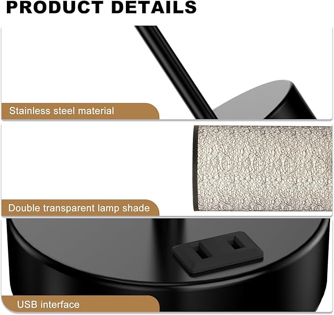 Table Lamp for Bedroom with Touch Control,Bedside Lamp with USB C+A Charging Ports& AC Outlets, Adjustable 3color LED Light for Home Decor/Nightstand/Bedroom/Office,Included Bulb